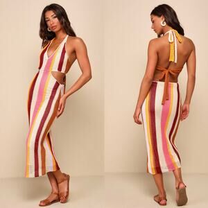 Lulus Sunny Destiny Beige Multi Striped Crochet Halter Midi Dress Small Resort